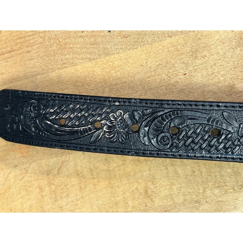 Palacios Belt Men 34 Black Western Tooled Eisenhower Dollar Buckle Leather